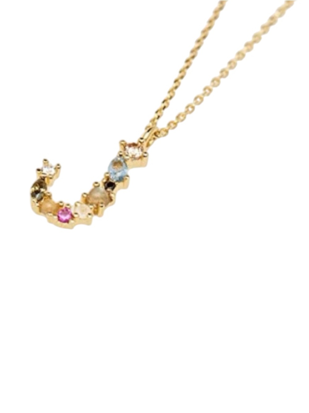 Elegant Gold J Necklace with Multicolor Gemstones